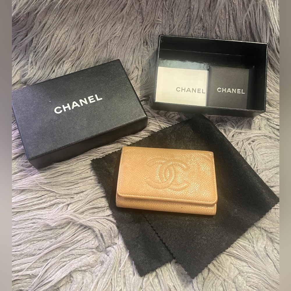 CHANEL Tan Pebbled Calfskin Leather Card & Key Holder With EVERYTHING